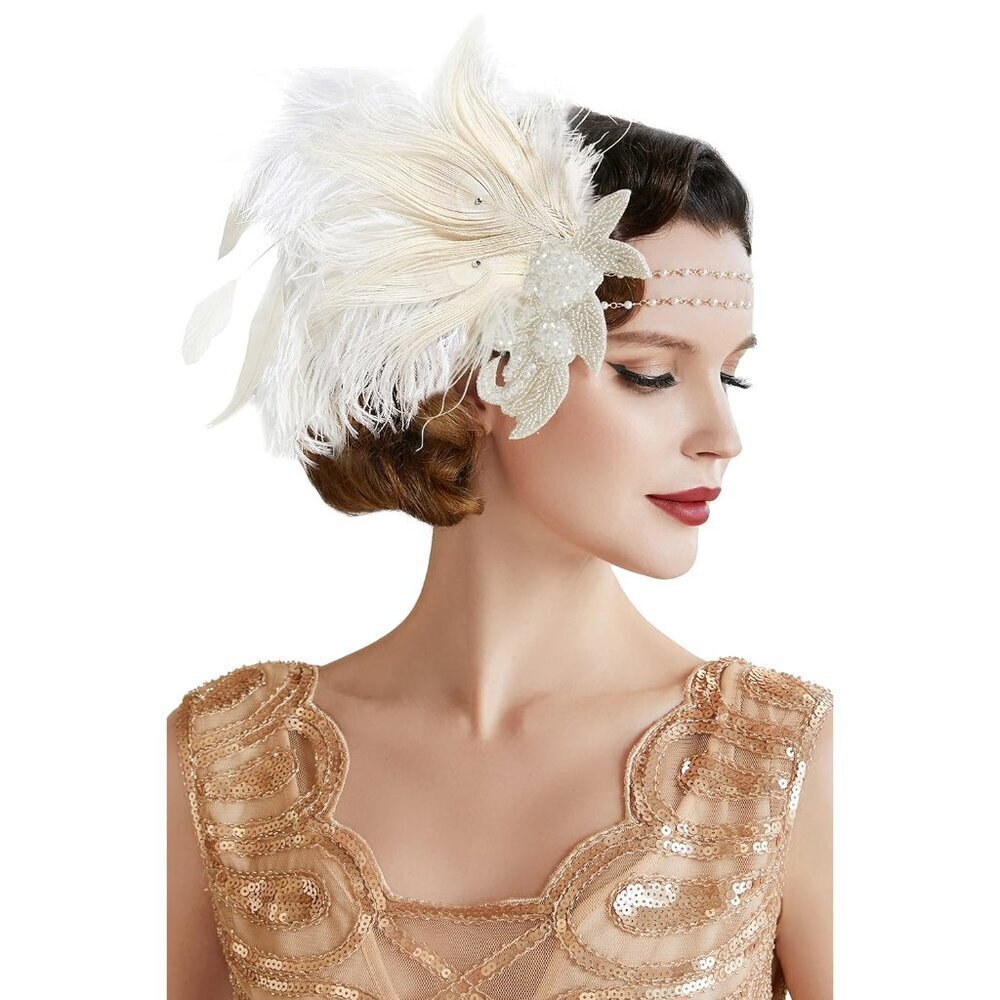 Art Deco Flapper Headpiece Feather Rhinestones Beads Accessories for 1920s